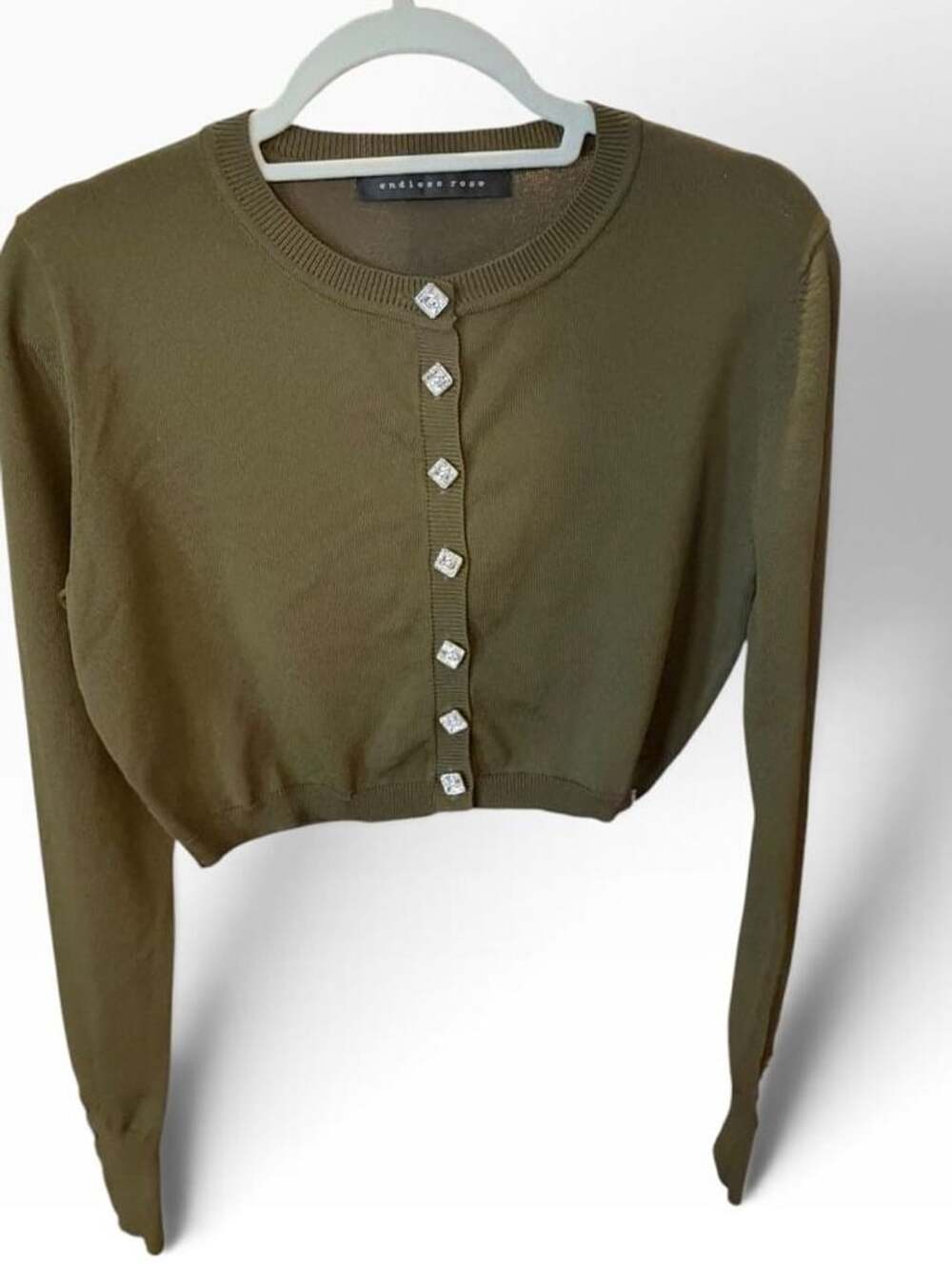 NWOT Anthro Nordstrom Endless Rose Cropped Cardigan Olive Rhinestone Buttons Sma